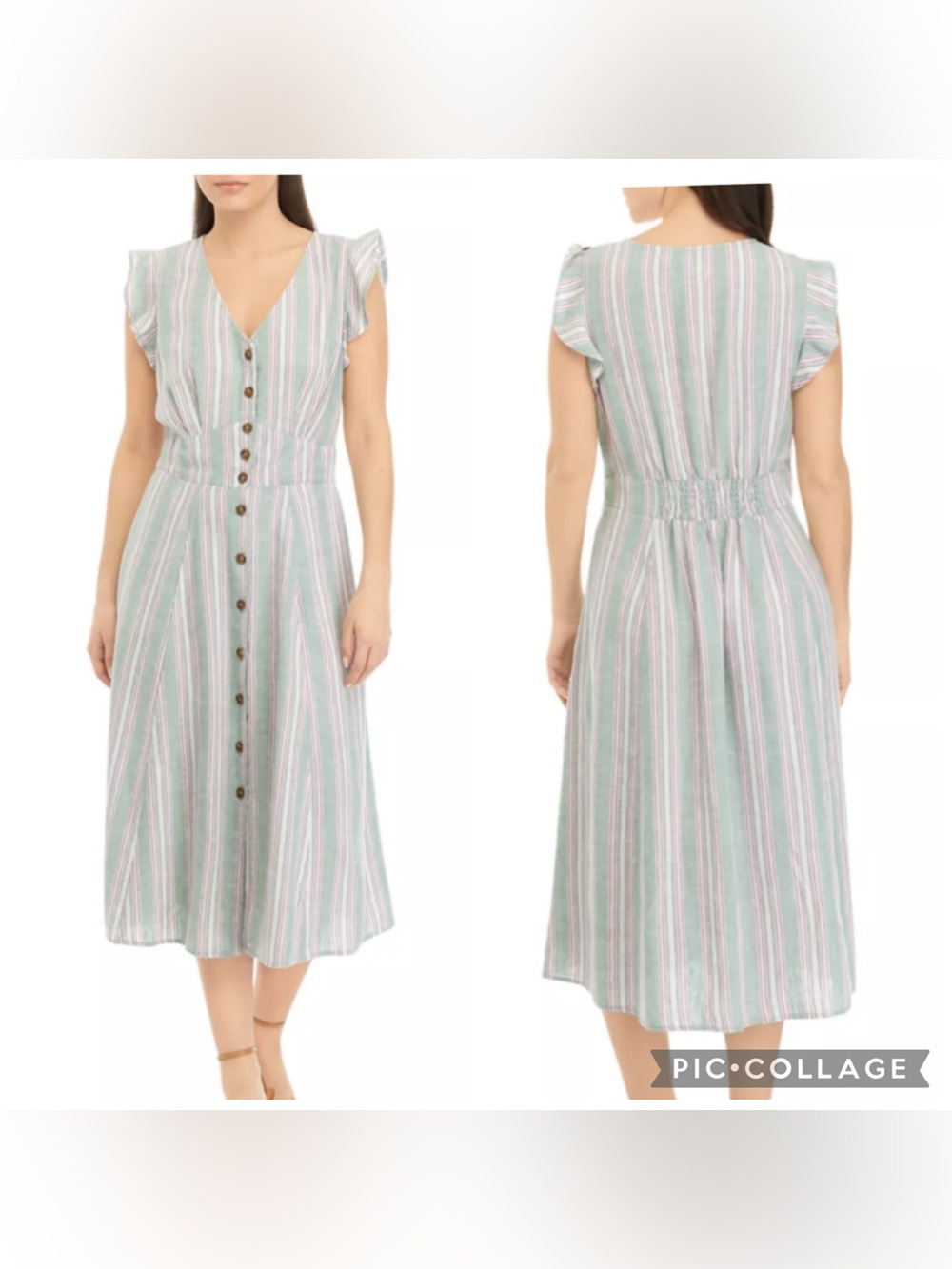 Wonderly Ruffle Sleeve Striped Midi Dress Size PXL Linen Lyocell Blend